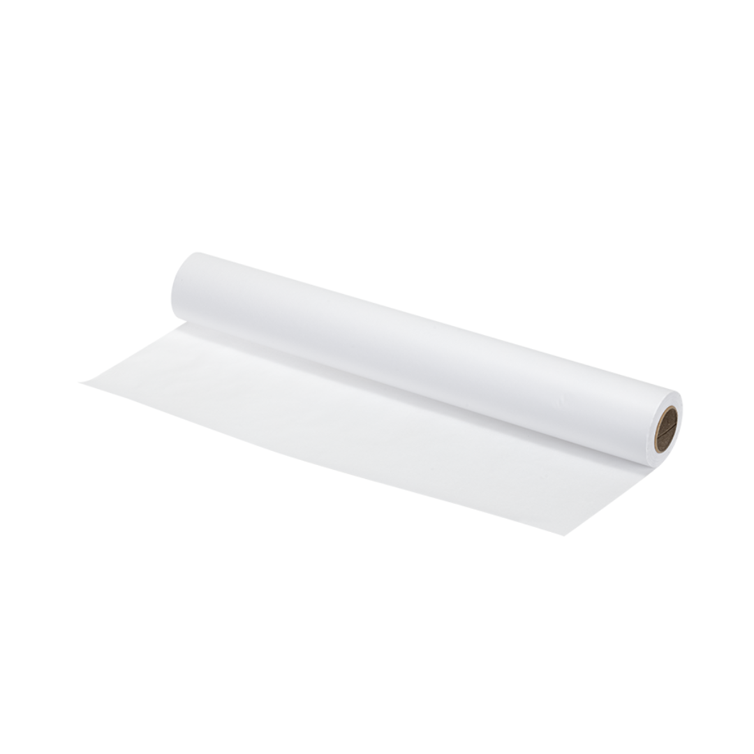 A partially unrolled Dynarex Exam Table Paper roll, showing its brown cardboard core, rests on a white background, providing a protective barrier for exam tables.